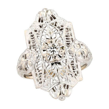 14K White Gold Diamond Vintage Style Filgree Setting Cocktail Ring