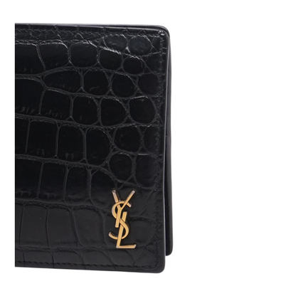 Black West Wallet in Crocodile Embossed Matte Leather