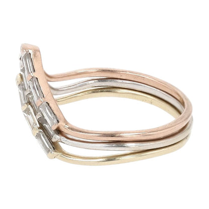 14K Tri Tone Gold Straight Baguette Lab Grown Diamond Chevron Three Piece Bands