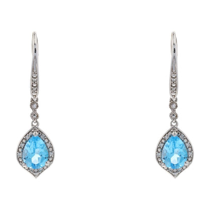 2 1/5 Ct 10K White Gold Pear Blue Topaz Center And Diamond Accent Dangle Earrings