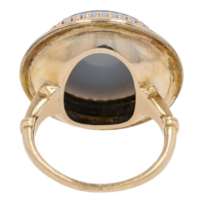 14K Gold Flat Round Black And White Stone Signet Ring