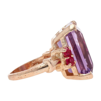 14K Rose Gold Emerald Cut Purple Stone With Red Stone Accents Cocktail Ring