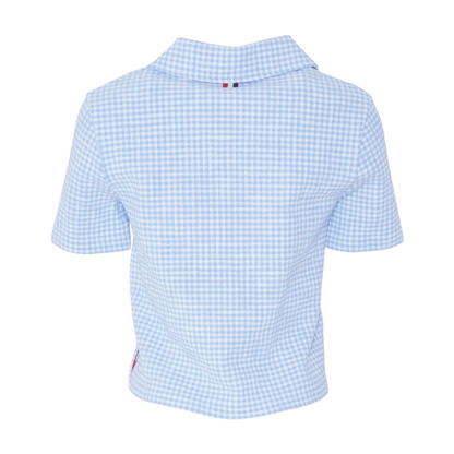 Blue Gingham-Check Tweed Short Sleeve Polo