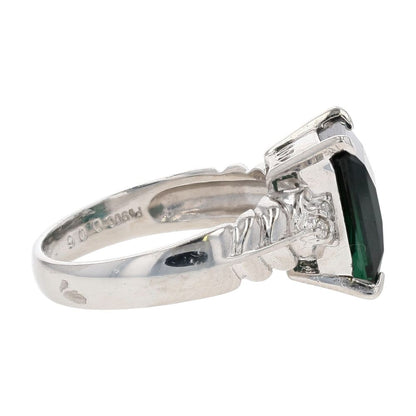 3.60 Ct Platinum Pixel Cut Green Tourmaline With Diamond Accents Cocktail Ring