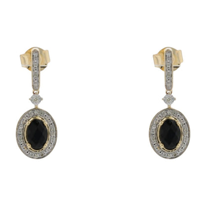 9/10 Ct 10K Gold Onyx With Diamond Halo Drop Earrings