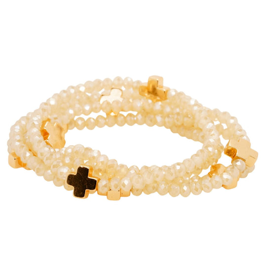 Gold Tone Cross Beige Stack Bead Bracelet