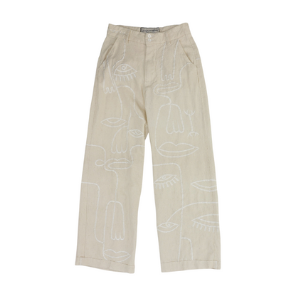 Beige Print Straight Pants