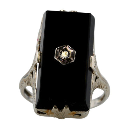 18K White Gold Art Deco Filgree Onyx Cocktail Ring W/ Small Diamond