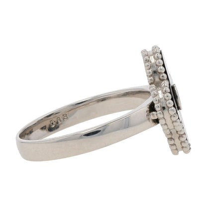 Platinum Black Opal Clover With Bezel Set Diamond Accent Cocktail Ring