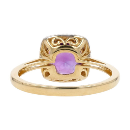 10K Gold Faceted Top Round Amethyst Center With Diamond Halo Cocktail Ring