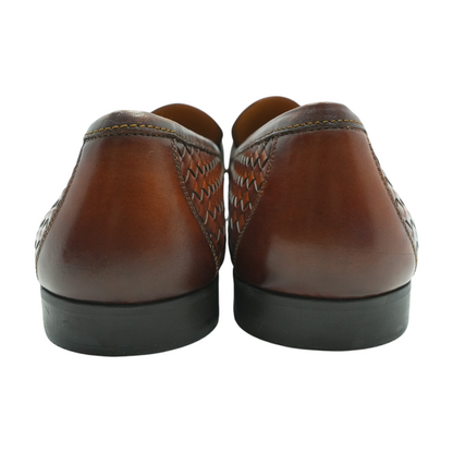 Brown Hyde Woven Leather Penny Loafers