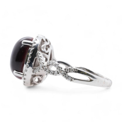 18K White Gold Red Cats Eye With Diamond Accents Ring