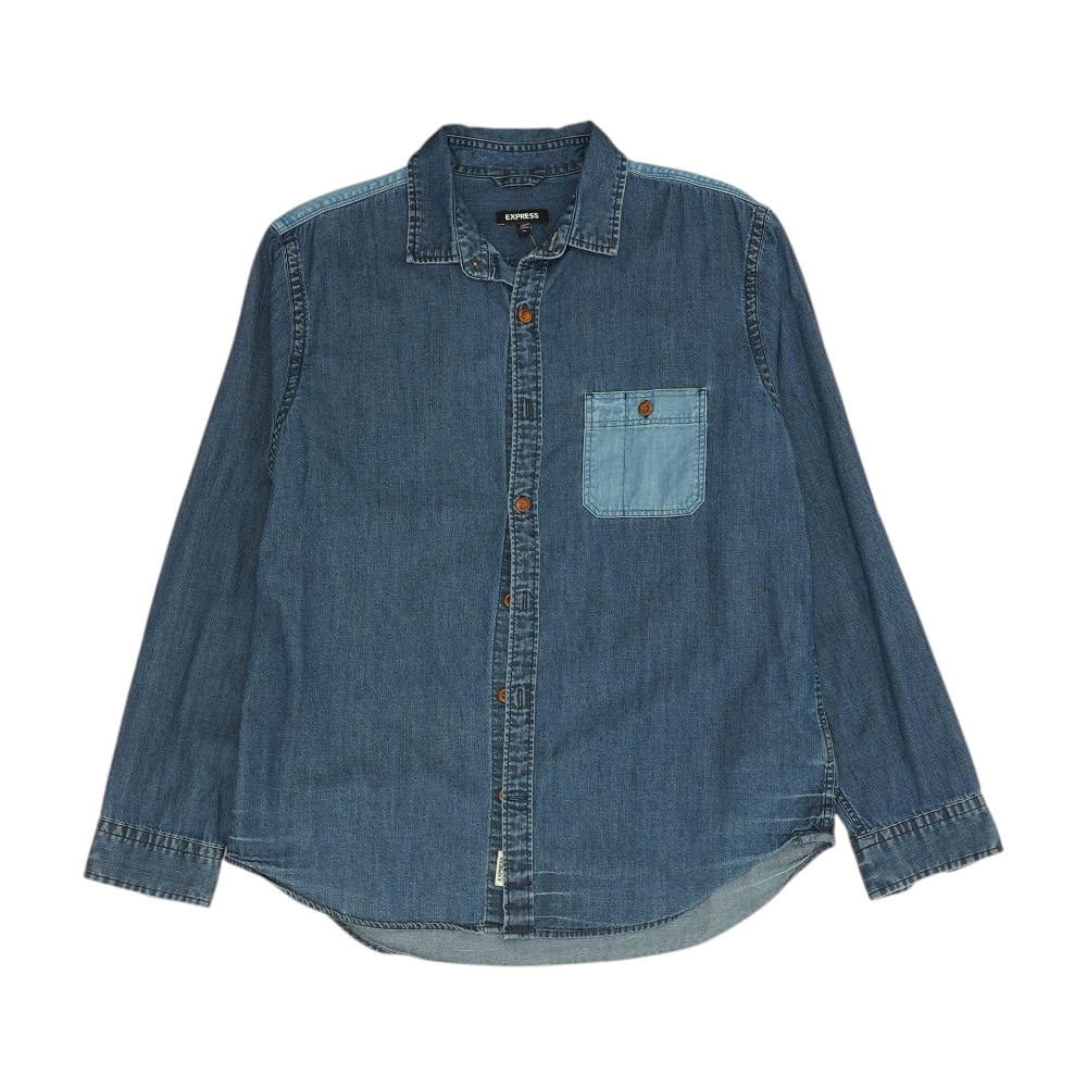 Blue Solid Long Sleeve Button Down