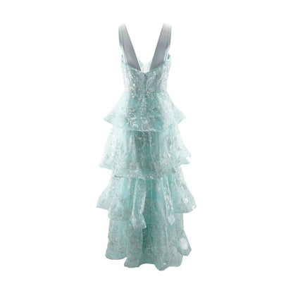 Blue Beaded Ruffled Formal Dress