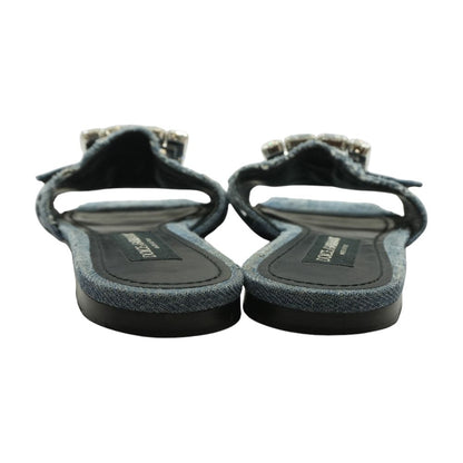Blue Patchwork Denim Slides with Rhinestone Buckle