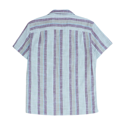 Beige Striped Short Sleeve Button Down