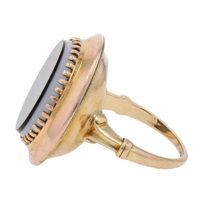 14K Gold Flat Round Black And White Stone Signet Ring