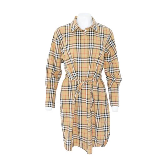Vintage Check Cotton Tie-Waist Shirt Dress