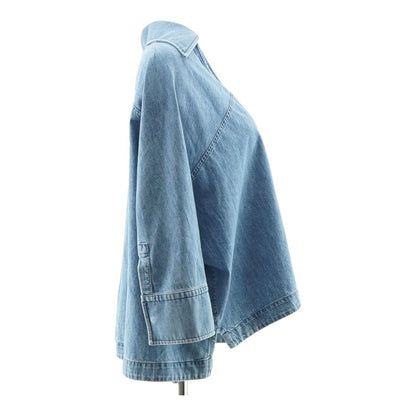 Blue Solid V-Neck Denim Long Sleeve Blouse