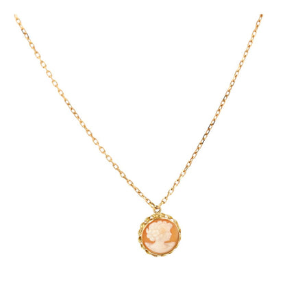 18K Gold Round Cameo With Lady On Cable Link Chain Necklace