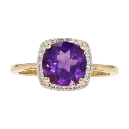 10K Gold Faceted Top Round Amethyst Center With Diamond Halo Cocktail Ring