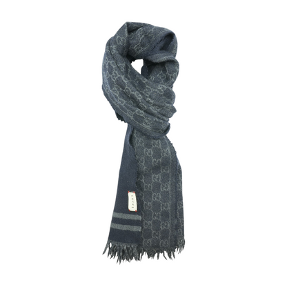 Navy 100% Wool Jacquard GG Supreme Fringe Scarf