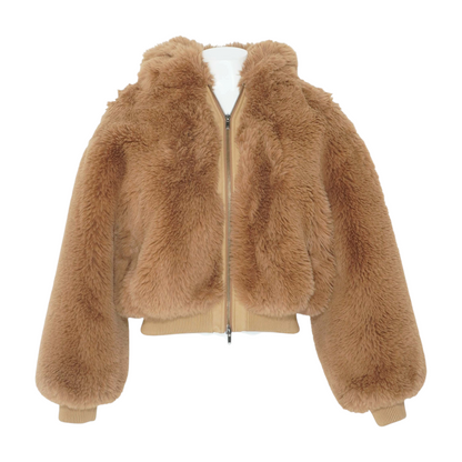 Brown Shrunken Faux Fur Zip Up Hooded Jacket