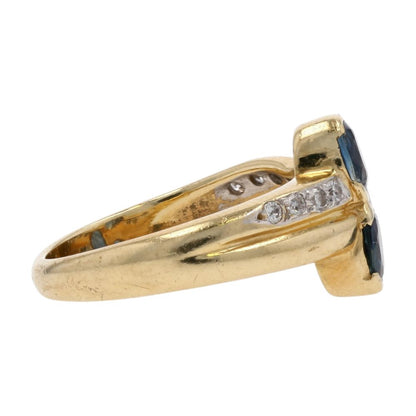 14K Gold Oval Blue Center Stones With Diamond Accents Cocktail Ring