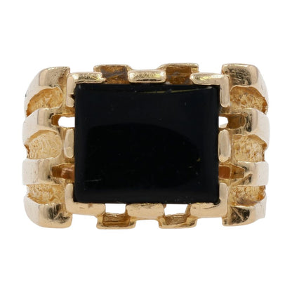 14K Gold Rectangle Black Stone Grooved Signet Ring