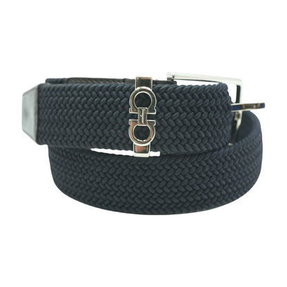 Dark Navy Blue-Black Fabric and Leather Gancini Belt