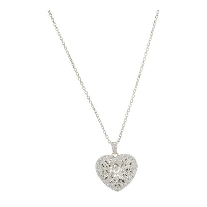 14K White Gold Diamond Accented Open Work Checkerboard Heart Pendant Necklace