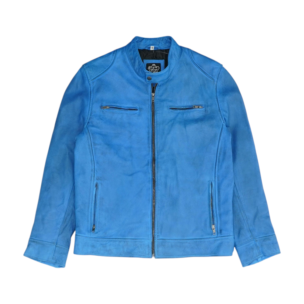 Blue Solid Leather Jacket