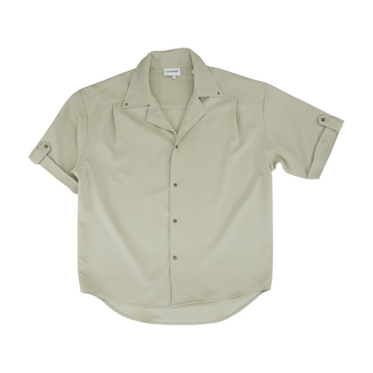 Beige Solid Short Sleeve Button Down