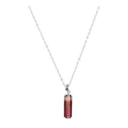 Platinum Elongated Bi Color Tourmaline With Diamond Accents Pendant Necklace