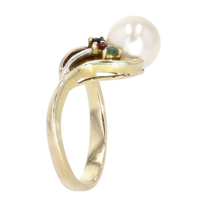 14K Two Tone Gold Cultured Pearl With Multi Color Accent Stones Cocktail Ring