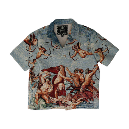 Blue Graphic Short Sleeve Button Down