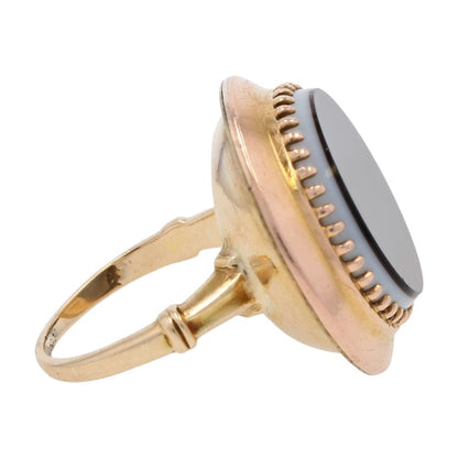 14K Gold Flat Round Black And White Stone Signet Ring