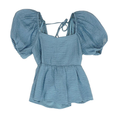 Blue Solid Short Sleeve Blouse