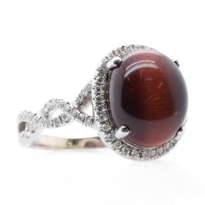 18K White Gold Red Cats Eye With Diamond Accents Ring