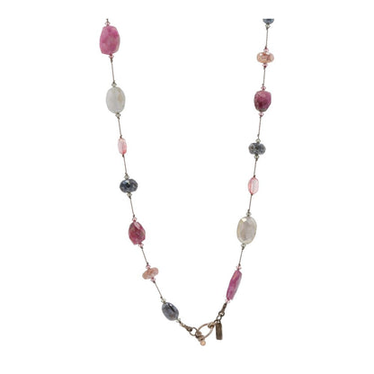 Sterling Silver Grey, Red, And Pink Stationed Multi-Gemstone Beaded Necklace