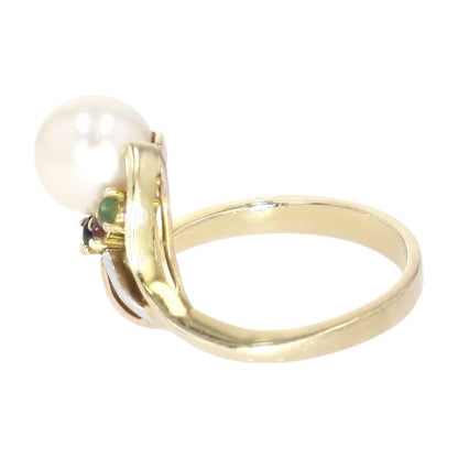 14K Two Tone Gold Cultured Pearl With Multi Color Accent Stones Cocktail Ring