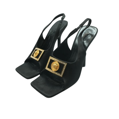 Medusa Plaque Satin Open Toe Slingback Sandals