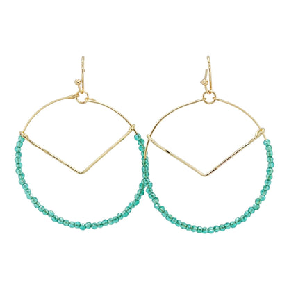 Gold Tone Green Beaded Hoop Earrings