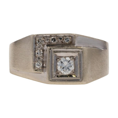 1/4 Ct 14K White Gold Vintage Style Round Single Cut Diamond Signet Ring
