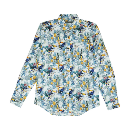 White Tropical Long Sleeve Button Down