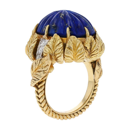 18K Gold Carved Lapis In Leaf Setting With Diamond Accents Cocktail Ring