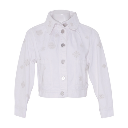 Spring 2021 White Embossed Interlocking CC & Camellia Accent Denim Jacket