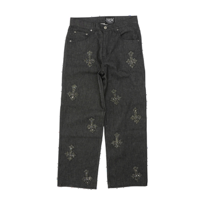 Vintage Embellished Upside Down Cross Denim Jean