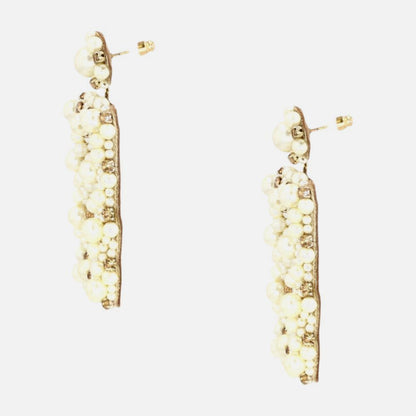 Gold Tone Imitation Pearl Beaded Open Rectangle Drop Earrings
