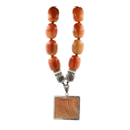 Mixed Media Large Beads With Natural Stone Pendant Necklace